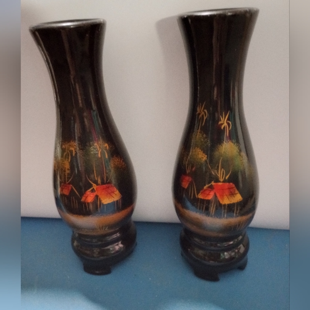 Vintage Set of 2 Lacquered Vases